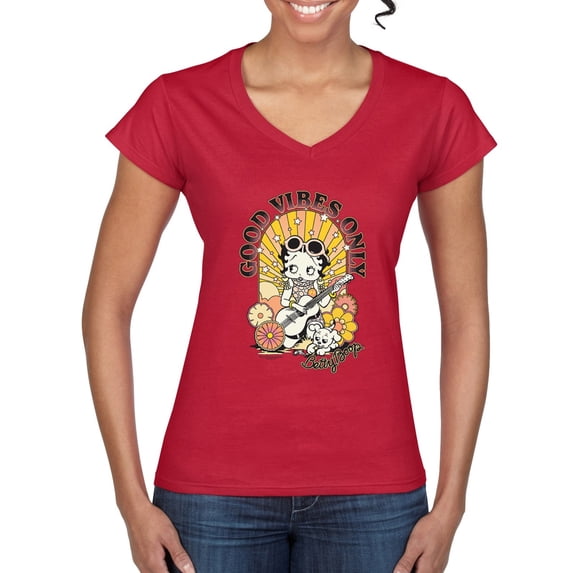 Wild Bobby Betty Boop Good Vibes Only Betty Boop Women’s Standard V-Neck Tee, Red, X-Large