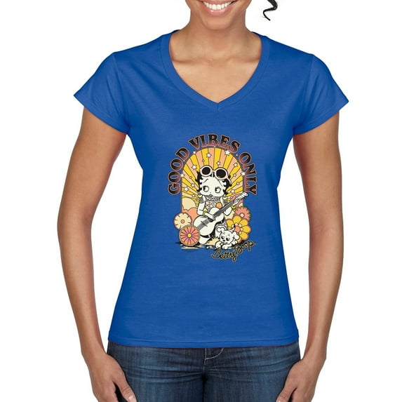 Wild Bobby Betty Boop Good Vibes Only Betty Boop Women’s Standard V-Neck Tee, Royal, X-Large
