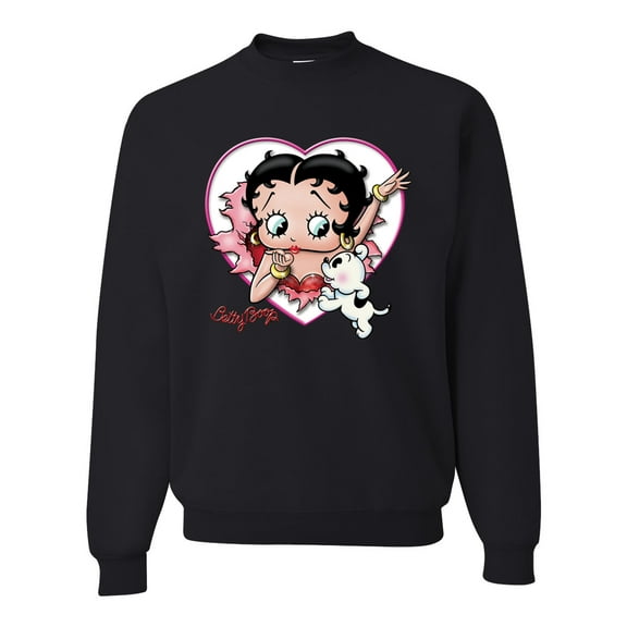 Wild Bobby, Betty Boop Heart Blowing Kiss Dog Betty Boop Unisex Crewneck Sweatshirt, Black, Small
