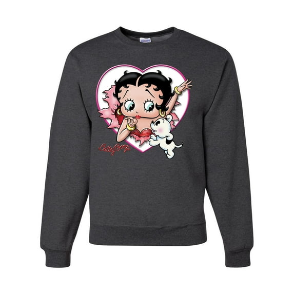 Wild Bobby, Betty Boop Heart Blowing Kiss Dog Betty Boop Unisex Crewneck Sweatshirt, Heather Black, 3X-Large