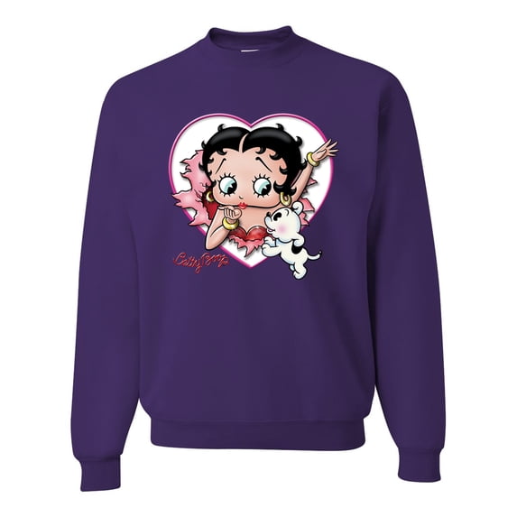 Wild Bobby, Betty Boop Heart Blowing Kiss Dog Betty Boop Unisex Crewneck Sweatshirt, Purple, Large