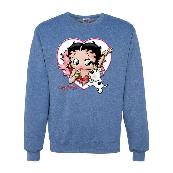 Wild Bobby, Betty Boop Heart Blowing Kiss Dog Betty Boop Unisex Crewneck Sweatshirt, Vintage Heather Blue, Medium