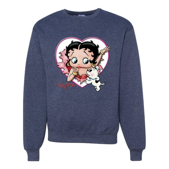 Wild Bobby, Betty Boop Heart Blowing Kiss Dog Betty Boop Unisex Crewneck Sweatshirt, Vintage Heather Navy, XX-Large
