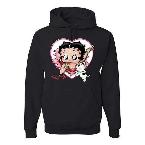 Wild Bobby, Betty Boop Heart Blowing Kiss Dog Betty Boop Unisex Hoodie Sweatshirt, Black, Small