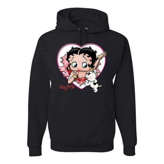 Wild Bobby, Betty Boop Heart Blowing Kiss Dog Betty Boop Unisex Hoodie Sweatshirt, Black, Small