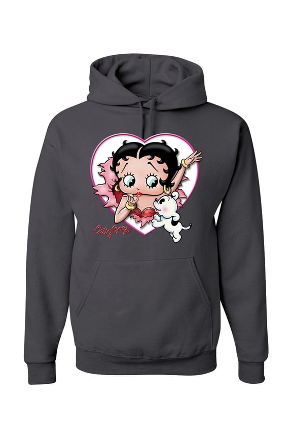 , Betty Boop Heart Blowing Kiss Dog Betty Boop Unisex Hoodie Sweatshirt, Charcoal, Small
