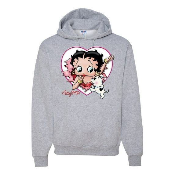 Wild Bobby, Betty Boop Heart Blowing Kiss Dog Betty Boop Unisex Hoodie Sweatshirt, Heather Grey, Medium