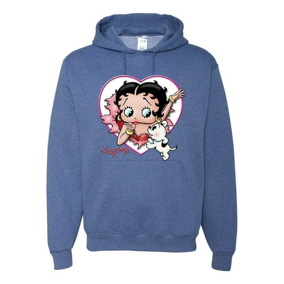 Wild Bobby, Betty Boop Heart Blowing Kiss Dog Betty Boop Unisex Hoodie Sweatshirt, Vintage Heather Blue, X-Large