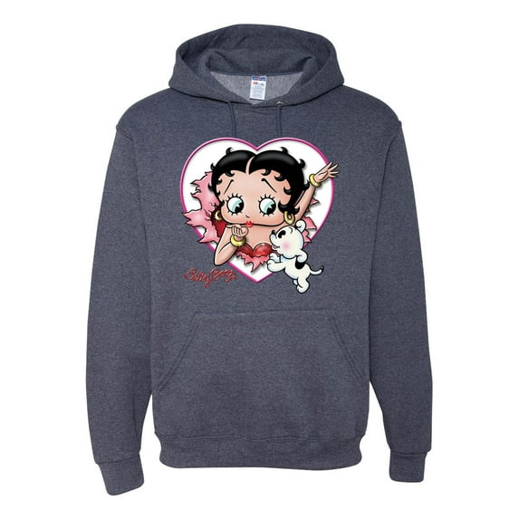 Wild Bobby, Betty Boop Heart Blowing Kiss Dog Betty Boop Unisex Hoodie Sweatshirt, Vintage Heather Navy, Medium