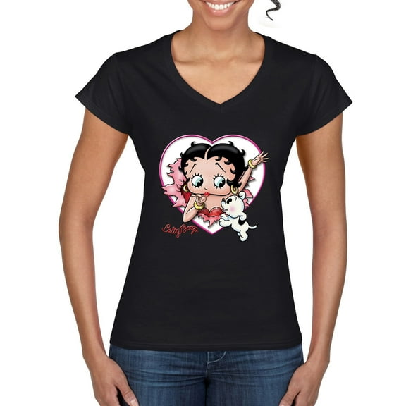 Wild Bobby Betty Boop Heart Blowing Kiss Dog Betty Boop Women’s Standard V-Neck Tee, Black, Small