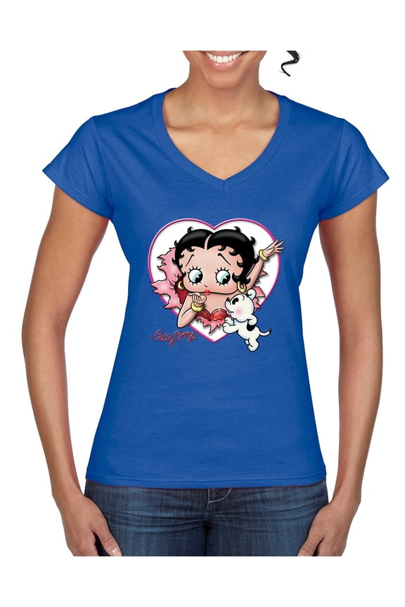 Betty Boop Heart Blowing Kiss Dog Betty Boop Women’s Standard V-Neck Tee, Royal, Large
