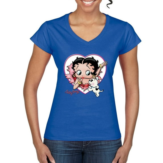 Wild Bobby Betty Boop Heart Blowing Kiss Dog Betty Boop Women’s Standard V-Neck Tee, Royal, Large