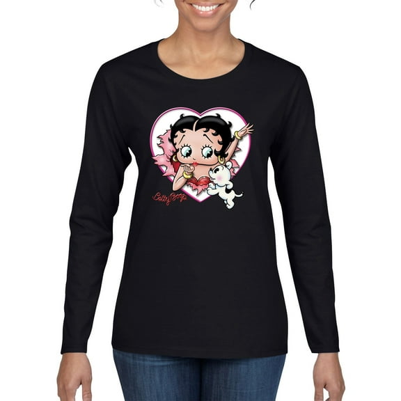 Wild Bobby Betty Boop Heart Blowing Kiss Dog Betty Boop Womens Long Sleeve T-Shirt, Black, Small
