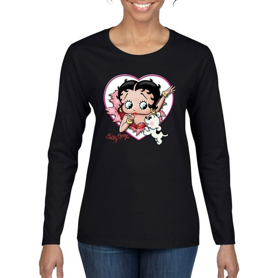 Wild Bobby Betty Boop Heart Blowing Kiss Dog Betty Boop Womens Long Sleeve T-Shirt, Black, XX-Large