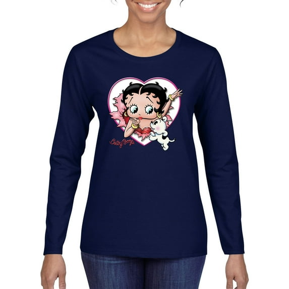 Wild Bobby Betty Boop Heart Blowing Kiss Dog Betty Boop Womens Long Sleeve T-Shirt, Navy, X-Large