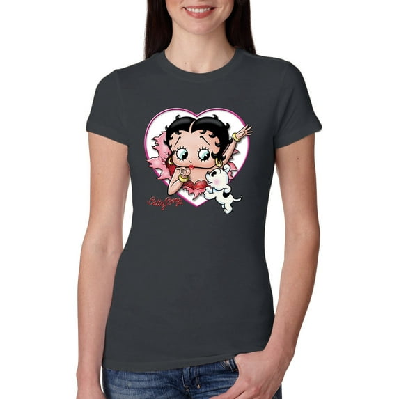 Wild Bobby Betty Boop Heart Blowing Kiss Dog Betty Boop Womens Slim Fit Junior Tee, Dark Grey, X-Large