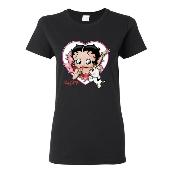 Wild Bobby Betty Boop Heart Blowing Kiss Dog Betty Boop Womens T-Shirt, Black, Small