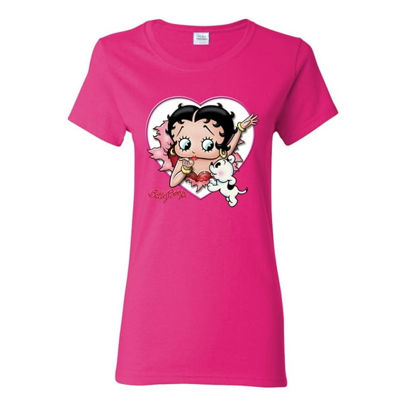 Wild Bobby Betty Boop Heart Blowing Kiss Dog Betty Boop Womens T-Shirt, Fuschia, Large