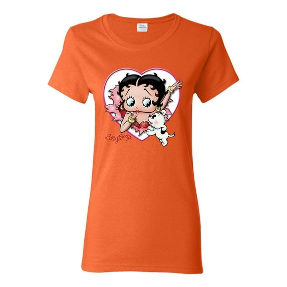 Wild Bobby Betty Boop Heart Blowing Kiss Dog Betty Boop Womens T-Shirt, Orange, X-Large