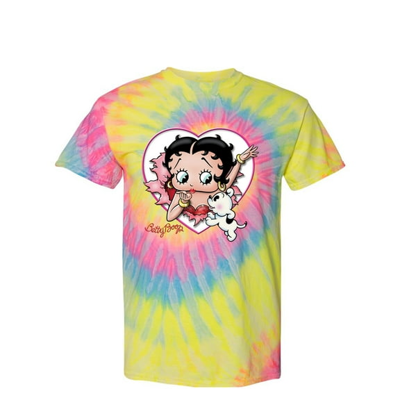 Wild Bobby Betty Boop Heart Blowing Kiss Pudgy Dog Betty Boop Tie-Dye T-Shirt, Dayglo, Large