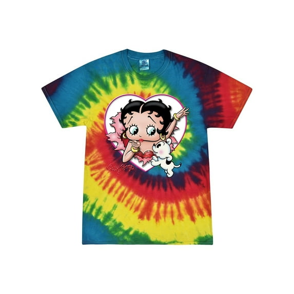 Wild Bobby Betty Boop Heart Blowing Kiss Pudgy Dog Betty Boop Tie-Dye T-Shirt, Reactive Rainbow, Small