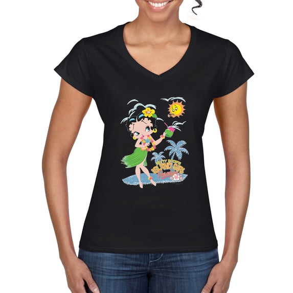 Wild Bobby Betty Boop Island Girl Paradise Betty Boop Women’s Standard V-Neck Tee, Black, Small