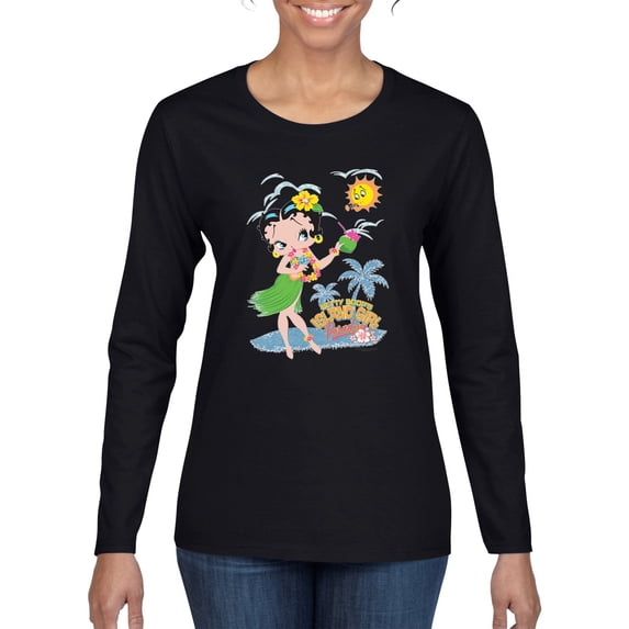 Wild Bobby Betty Boop Island Girl Paradise Betty Boop Womens Long Sleeve T-Shirt, Black, Small
