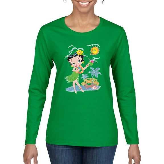 Wild Bobby Betty Boop Island Girl Paradise Betty Boop Womens Long Sleeve T-Shirt, Kelly, X-Large