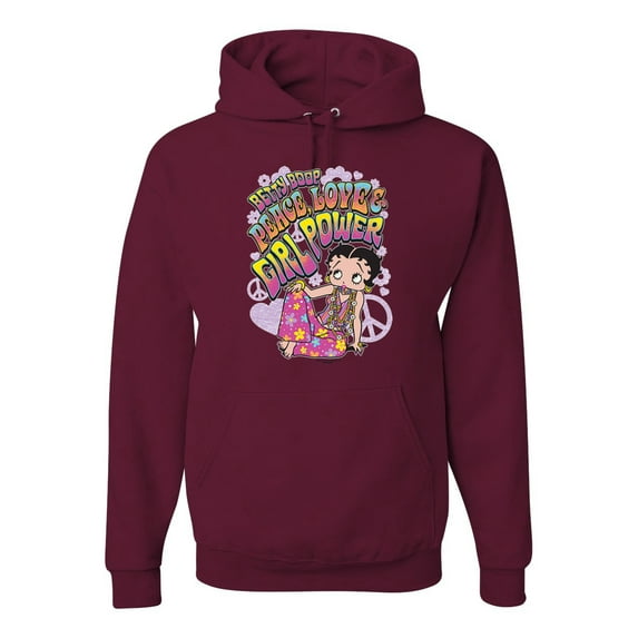 Wild Bobby Betty Boop Peace, Love and Girl Power Betty Boop Unisex Hoodie Sweatshirt, Maroon, X-Large