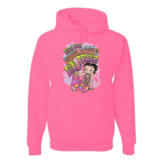 Wild Bobby Betty Boop Peace, Love and Girl Power Betty Boop Unisex Hoodie Sweatshirt, Neon Pink, Medium