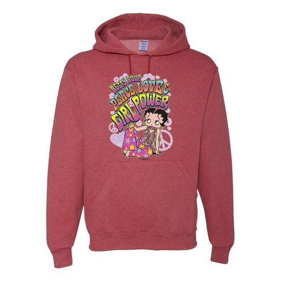 Wild Bobby Betty Boop Peace, Love and Girl Power Betty Boop Unisex Hoodie Sweatshirt, Vintage Heather Red, Medium