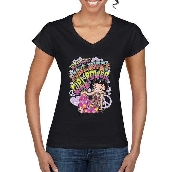 Wild Bobby Betty Boop Peace, Love and Girl Power Betty Boop Women’s Standard V-Neck Tee, Black, Small