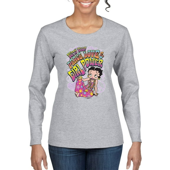 Wild Bobby Betty Boop Peace, Love and Girl Power Betty Boop Womens Long Sleeve T-Shirt, Heather Grey, Large
