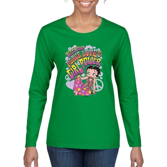 Wild Bobby Betty Boop Peace, Love and Girl Power Betty Boop Womens Long Sleeve T-Shirt, Kelly, Small