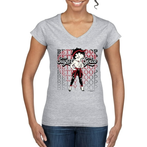 Wild Bobby Betty Boop Sugar and Spice Wink Betty Boop Women’s Standard V-Neck Tee, Heather Grey, X-Large