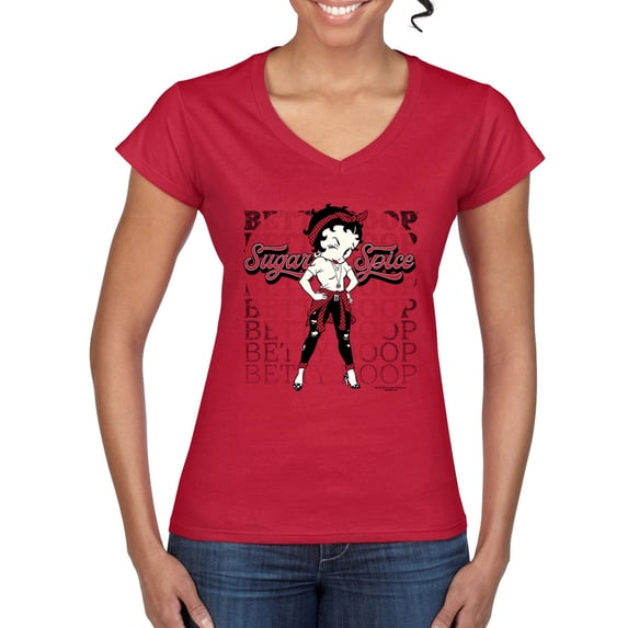 Wild Bobby Betty Boop Sugar and Spice Wink Betty Boop Women’s Standard V-Neck Tee, Red, X-Large