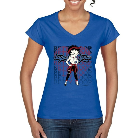 Wild Bobby Betty Boop Sugar and Spice Wink Betty Boop Women’s Standard V-Neck Tee, Royal, XX-Large