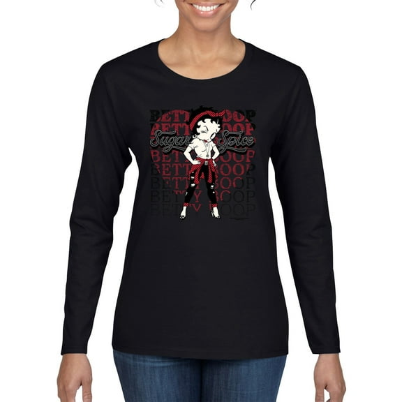 Wild Bobby, Betty Boop Sugar and Spice Wink Betty Boop Womens Long Sleeve T-Shirt, Black, Small