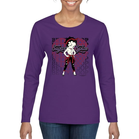 Wild Bobby Betty Boop Sugar and Spice Wink Betty Boop Womens Long Sleeve T-Shirt, Purple, Medium