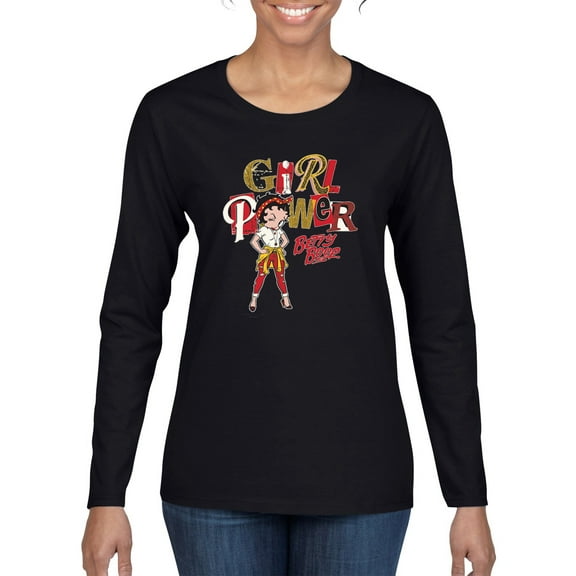 Wild Bobby, Betty Boop Winking Girl Power Femenist Betty Boop Womens Long Sleeve T-Shirt, Black, Small