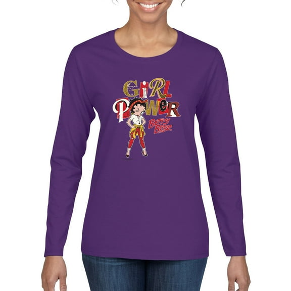Wild Bobby Betty Boop Winking Girl Power Femenist Betty Boop Womens Long Sleeve T-Shirt, Purple, X-Large
