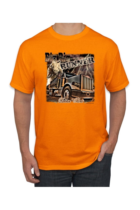 , Big Rig Runner Trailer Truck Runnin Alone, Cars and Trucks, Men Graphic Tee, Orange, Medium