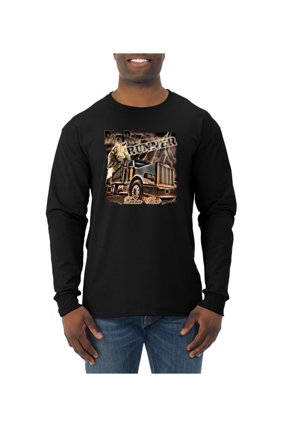 , Big Rig Runner Trailer Truck Runnin Alone, Cars and Trucks, Men Long Sleeve Shirt, Black, Large