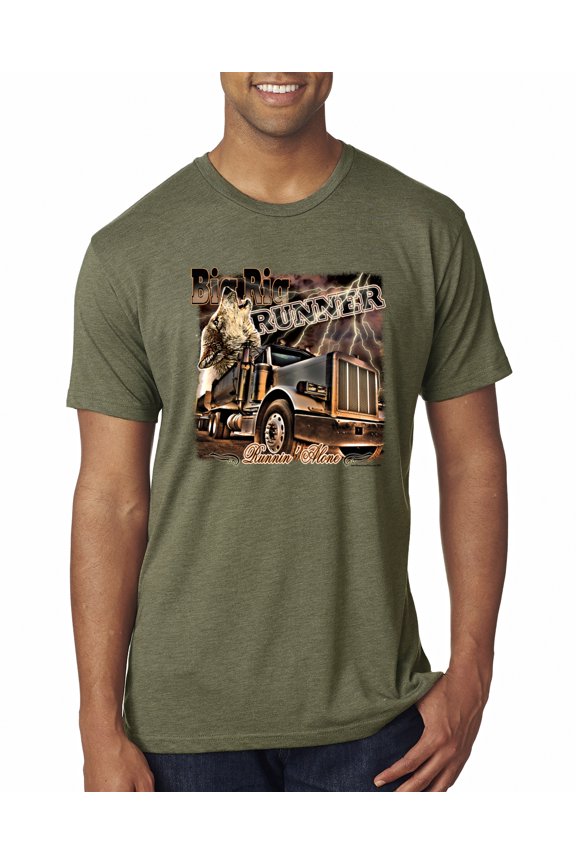 , Big Rig Runner Trailer Truck Runnin Alone, Cars and Trucks, Men Premium Tri Blend Tee, Military Green, X-Large