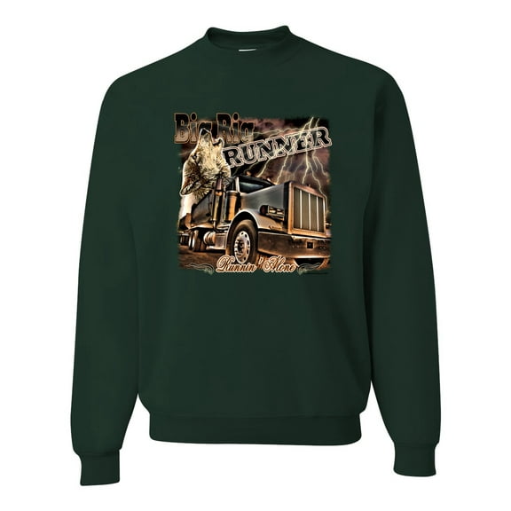 Wild Bobby, Big Rig Runner Trailer Truck Runnin Alone, Cars and Trucks, Unisex Crewneck Graphic Sweatshirt, Forest Green, X-Large