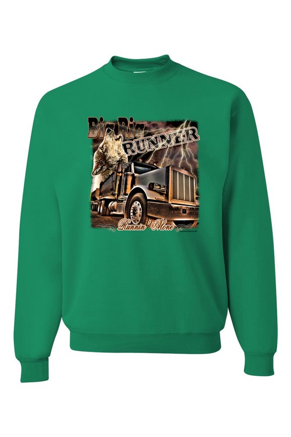 , Big Rig Runner Trailer Truck Runnin Alone, Cars and Trucks, Unisex Crewneck Graphic Sweatshirt, Kelly, Large
