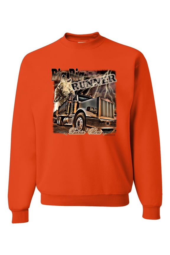 , Big Rig Runner Trailer Truck Runnin Alone, Cars and Trucks, Unisex Crewneck Graphic Sweatshirt, Orange, Large