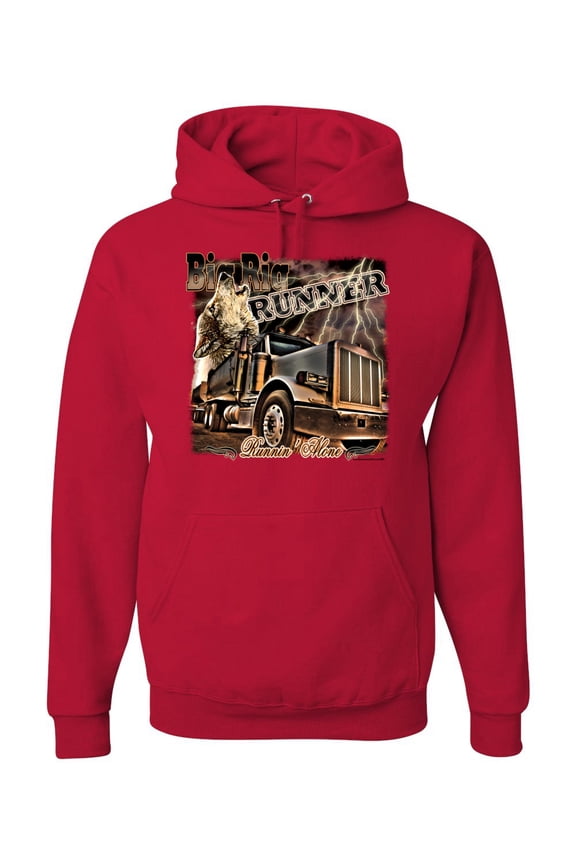 , Big Rig Runner Trailer Truck Runnin Alone, Cars and Trucks, Unisex Graphic Hoodie Sweatshirt, Red, X-Large