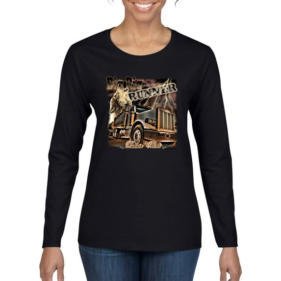 Wild Bobby, Big Rig Runner Trailer Truck Runnin Alone, Cars and Trucks, Women Graphic Long Sleeve Tee, Black, XX-Large