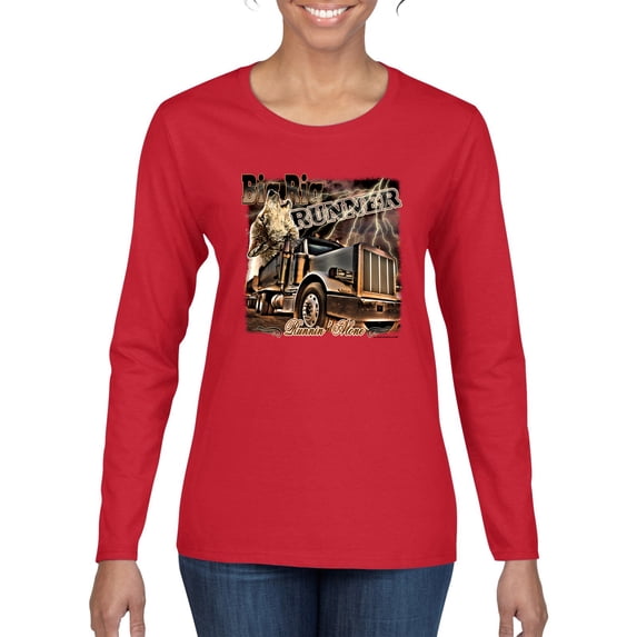 Wild Bobby, Big Rig Runner Trailer Truck Runnin Alone, Cars and Trucks, Women Graphic Long Sleeve Tee, Red, Large